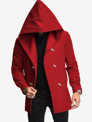 Solid Color Hooded Fitted Double-breasted  Coat