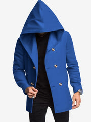 Solid Color Hooded Fitted Double-breasted  Coat