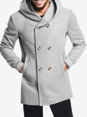 Solid Color Hooded Fitted Double-breasted  Coat