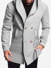 Solid Color Hooded Fitted Double-breasted  Coat