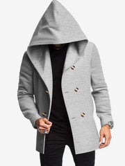 Solid Color Hooded Fitted Double-breasted  Coat