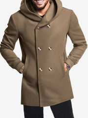 Solid Color Hooded Fitted Double-breasted  Coat