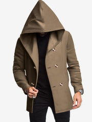 Solid Color Hooded Fitted Double-breasted  Coat