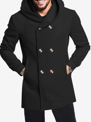 Solid Color Hooded Fitted Double-breasted  Coat