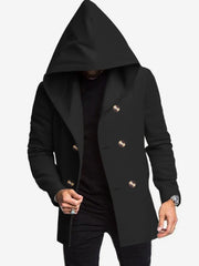 Solid Color Hooded Fitted Double-breasted  Coat