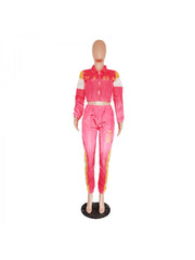 Sports Patchwork Crop Jacket 2pc Pants Sets