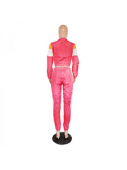 Sports Patchwork Crop Jacket 2pc Pants Sets