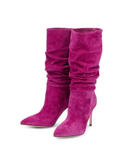 Velvet Solid Ruched Thin Heels Thigh-High Boots