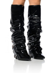 PU Ruched Stacked Wedge Thigh-High Boots