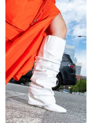 PU Ruched Stacked Wedge Thigh-High Boots