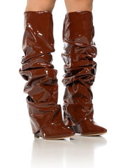 PU Ruched Stacked Wedge Thigh-High Boots