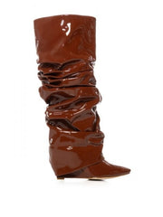 PU Ruched Stacked Wedge Thigh-High Boots