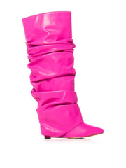 PU Ruched Stacked Wedge Thigh-High Boots