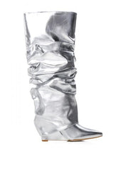 PU Ruched Stacked Wedge Thigh-High Boots