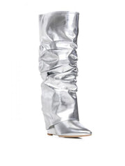 PU Ruched Stacked Wedge Thigh-High Boots