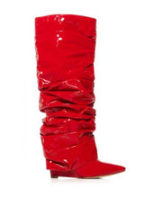 PU Ruched Stacked Wedge Thigh-High Boots