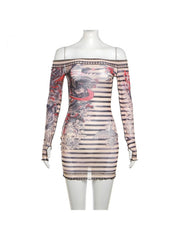 See Through Print Gauze Long Sleeves Dress