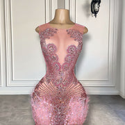 Pink Diamond Luxury Rhinestone Women Birthday Party Gowns See Through Feather Mini Short Prom Dresses