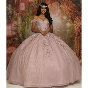 Pink Off The Shoulder Quinceanera Dresses Shiny Tulle Princess 3D Flowers Sweetheart Sweet 16 Ball Gown Pageant Party