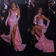 Prom Dresses Mermaid Pink Sparkle Exquisite Women V-Neck Beading Gorgeous Long Evening Gowns Split Sexy Formal Party