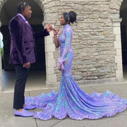 Purple Lace One Shoulder Long Sleeves Prom Dress