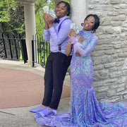 Purple Lace One Shoulder Long Sleeves Prom Dress