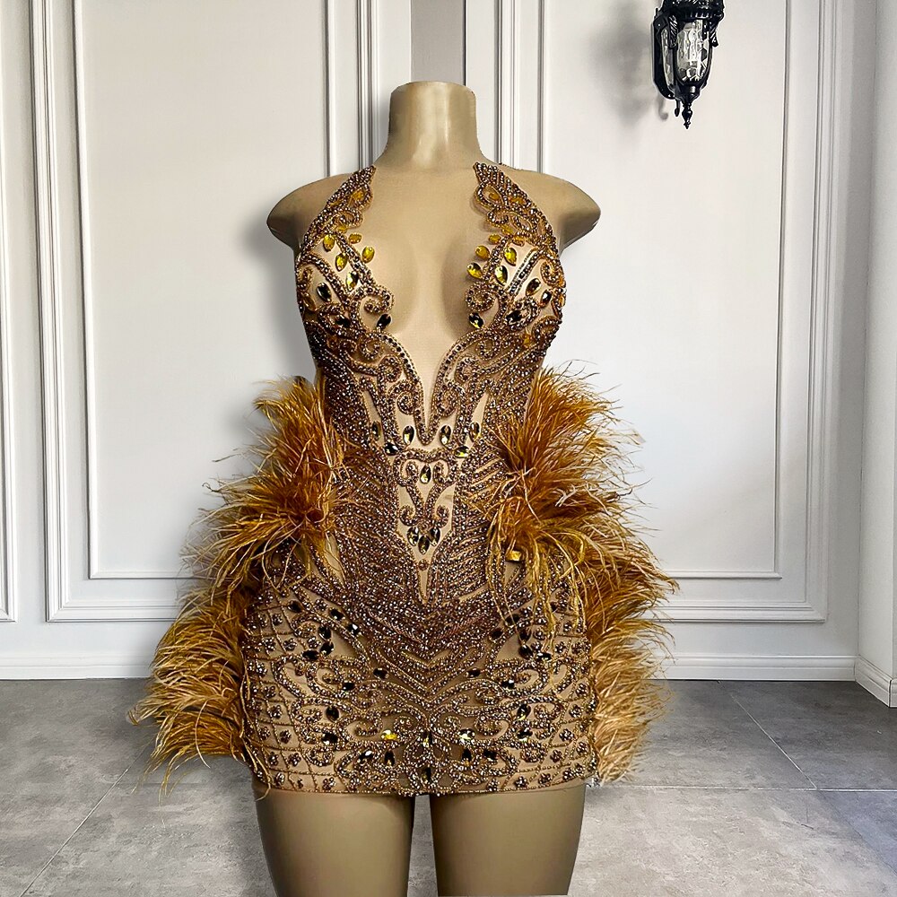 Gold Sparkly Diamond Birthday Dress with Feathers – Envious Designs