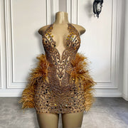Real Picture Gold Sparkly Diamond Short Prom Dresses Feather Sexy See Through Women Birthday Party Formal Gowns