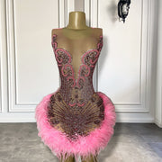 Real Sample Luxury Sheer Sexy See Through Birthday Party Gowns Sparkly Diamond Pink Feather Short Prom Dresses