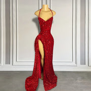 Red Sequined Halter Slit Prom Dress 2024