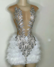 Real Sample Sexy Sheer See Through Luxury Silver Crystals White Feather Mini Short Prom Dresses For Birthday