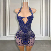 Royal Blue Rhinestone Halter Mini Dress 2024