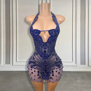 Royal Blue Rhinestone Halter Mini Dress 2024