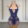 Mannequin Wearing a Luxurious Royal Blue Rhinestone Halter Mini Birthday Dress with Sparkling Embellishments, Styled for Glamorous Celebrations