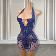 Royal Blue Rhinestone Halter Mini Dress 2024