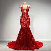 Long Sexy Prom Dress Halter Mermaid Style Backless Sparkly Red Sequin Prom Gala Gowns