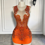 Cute Sheer Scoop Neckline See Through Women Cocktail Gowns Orange Beaded Short Prom Dresses