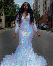 Sheer O-neck Long Sleeve Prom Dress