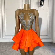 Sexy See Through Women Birthday Party Gowns Sparkly Silver Crystals Orange Short Mini Prom Dresses