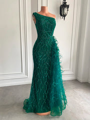 One Shoulder Mermaid Sexy High Slit Green Tulle Beaded Party Prom Gown