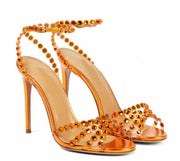 2022 Summer New Stiletto Round Toe High-Heeled Peep Toe Rhinestone Large Size Hollow Cross Sandals For Women