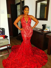 Long Sexy Prom Dress Halter Mermaid Style Backless Sparkly Red Sequin Prom Gala Gowns