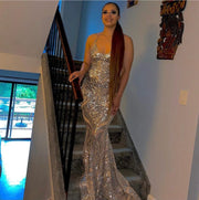 Sexy V-neck Open Back Mermaid Gala Silver Sequin Long Prom Dresses For Birthday Party