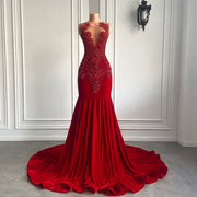 Red Velvet Beaded Mermaid Prom Dress