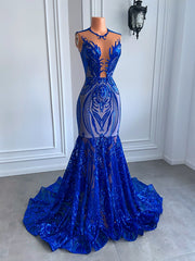 Real Sample Long Prom Dresses Fitted Mermaid Style Sheer Mesh Royal Blue Sparkly Sequined Women Prom Gala Gowns