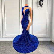 Sexy Mermaid Style High Neck Sheer Mesh Royal Blue Sequin Prom Party Gown