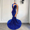 Sexy Mermaid Style High Neck Sheer Mesh Royal Blue Sequin Prom Party Gown