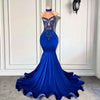 Elegant  Royal Blue High Neck Luxury Beaded Embroidery Prom Dress