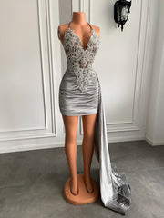 V-neck Sheer Beaded Embroidery Women Birthday Party Gowns Silver Velvet Sequined Short Prom Dresses