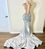 Sparkly Long Sexy Mermaid Style Sheer Mesh Luxury Beaded Silver Leather Prom Dress